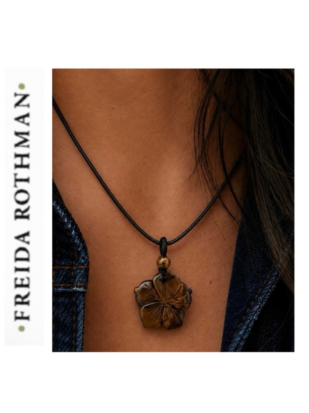 Freida Rothman Vault Genuine Tiger's Eye Flower Pendant Wax Rope Necklace